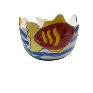 Hand Painted Ceramic Bowl With Sea Life Design - Fish Seahorse & Starfish Vibran